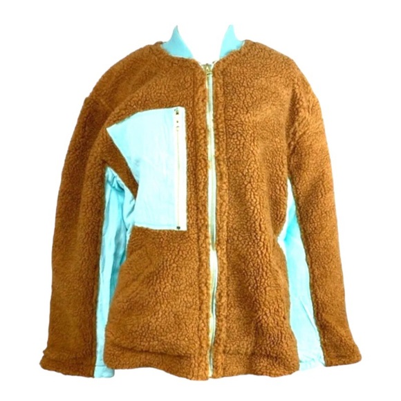 $168 Free People Teddy Bear Jacket Medium 8 10 Amber + Blue Blade Collar Pockets - Picture 9 of 16
